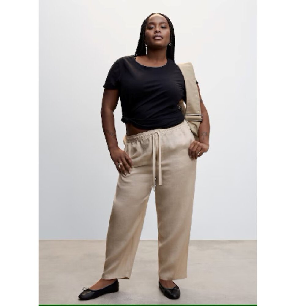 Mango MNG NWT 100% Linen Straight Pants Summer Elastic Waist Drawstring Size 1XL